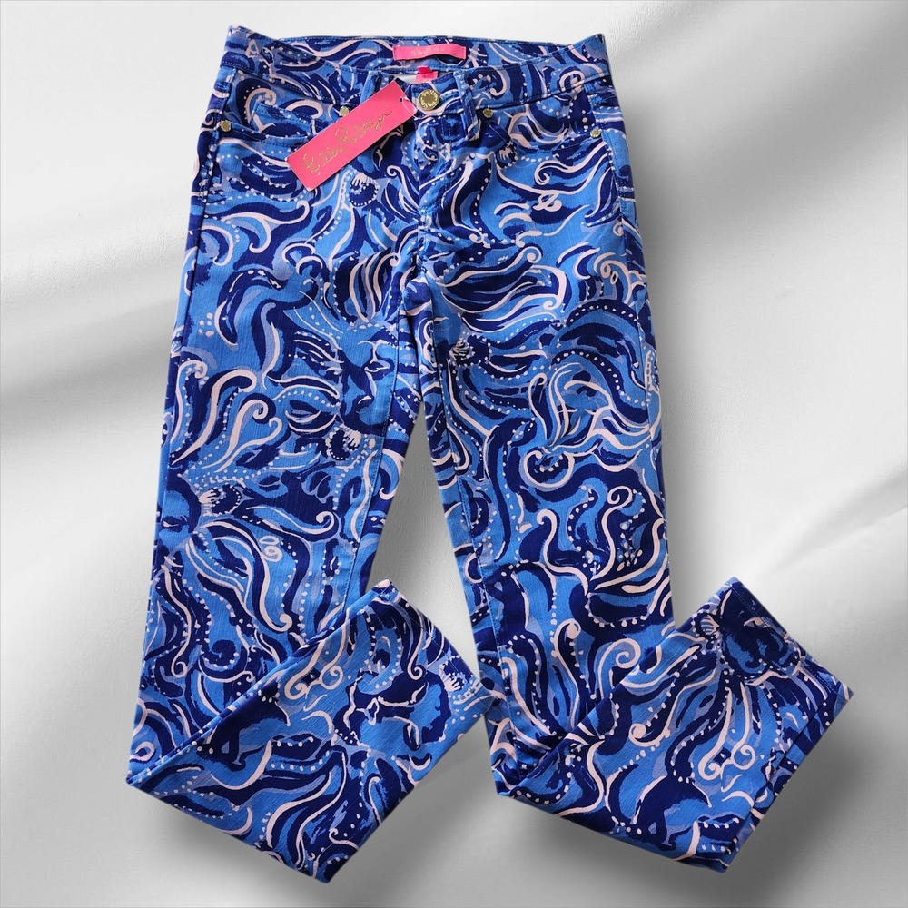 NWT Lilly Pulitzer South Ocean Skinny Crop Coastal Blue Print Pants Jeans Size 0